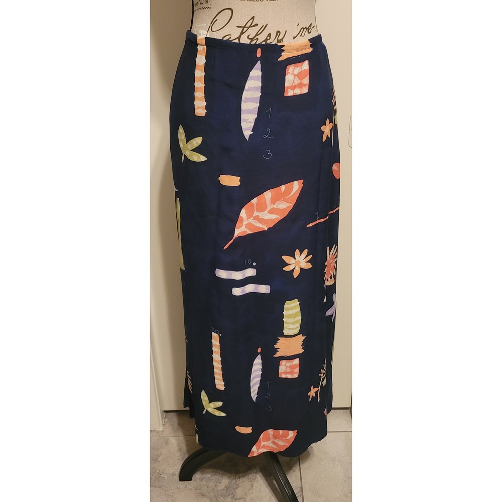 My Weekend Clothes Navy Blue Abstract Botanical Print Rayon Maxi Skirt‎ Large